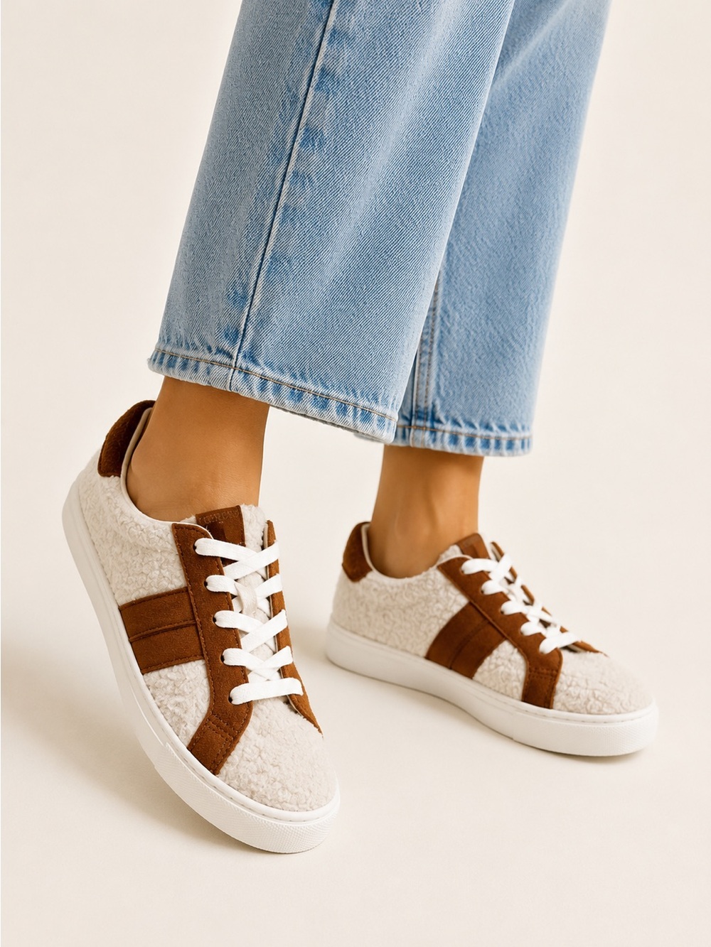 J. Crew Brown White Sherpa Lace Up Low Top Sneakers Size 7.5